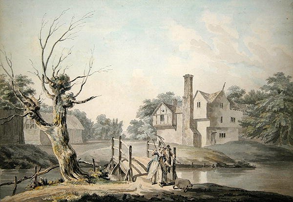 Rustika figurer som korsar en bro nära en bondgård (penna och bläck, bläcktvätt och akvarell på papper) av George Samuel