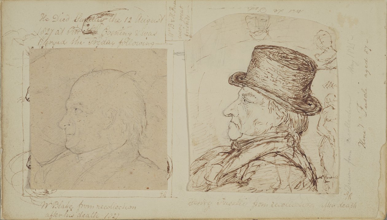 Studier av kaniner med överlagrade porträtt av William Blake och Henry Fuseli (grafit och bläck på papper) av George Samuel