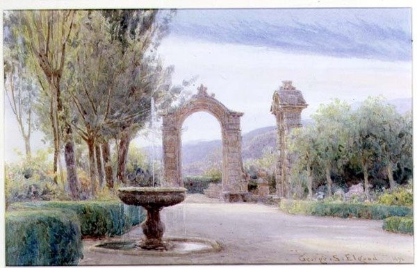 En italiensk trädgård med en fontän och två valv av George Samuel Elgood