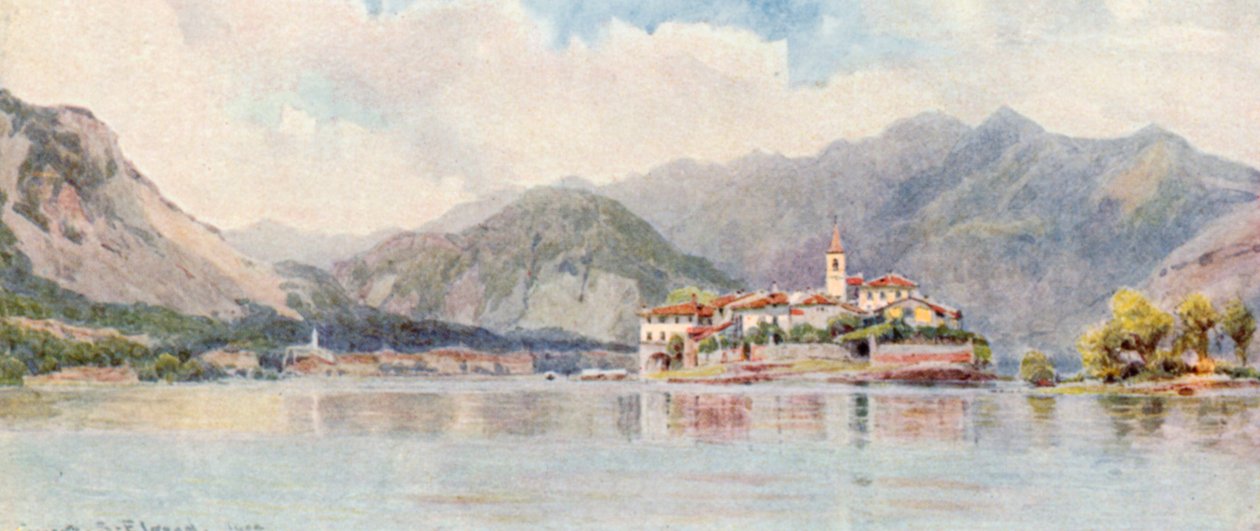 Baveno och Isola Pescatori, Lago Maggiore (färglitografi) av George Samuel Elgood