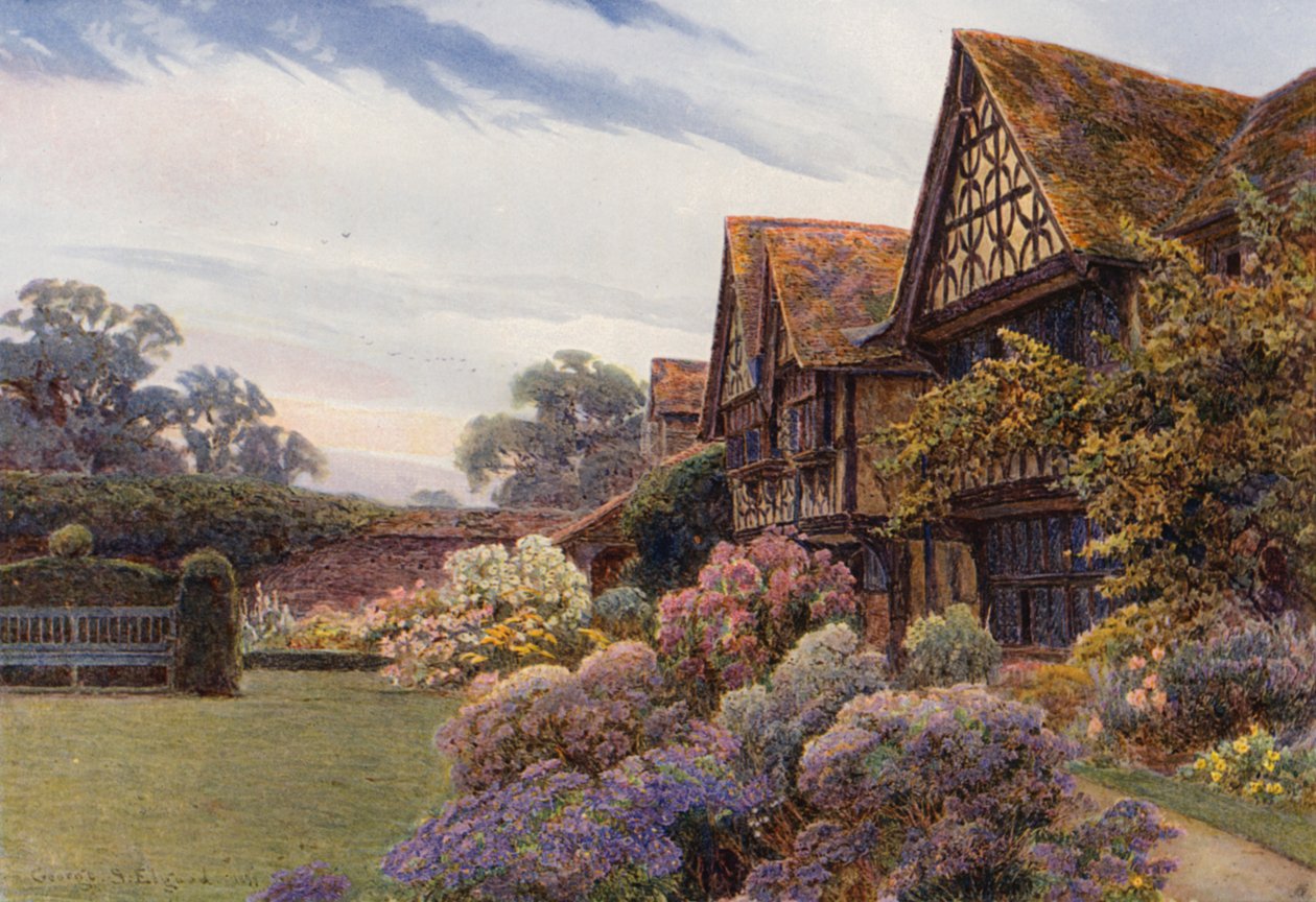 The Forecourt, Great Tangley Manor, Surrey (färglitografi) av George Samuel Elgood