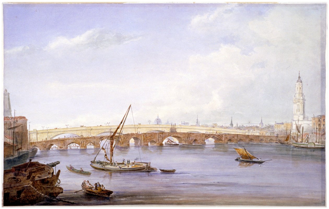 Gamla och nya London Bridges, London, 1831. av George Scharf