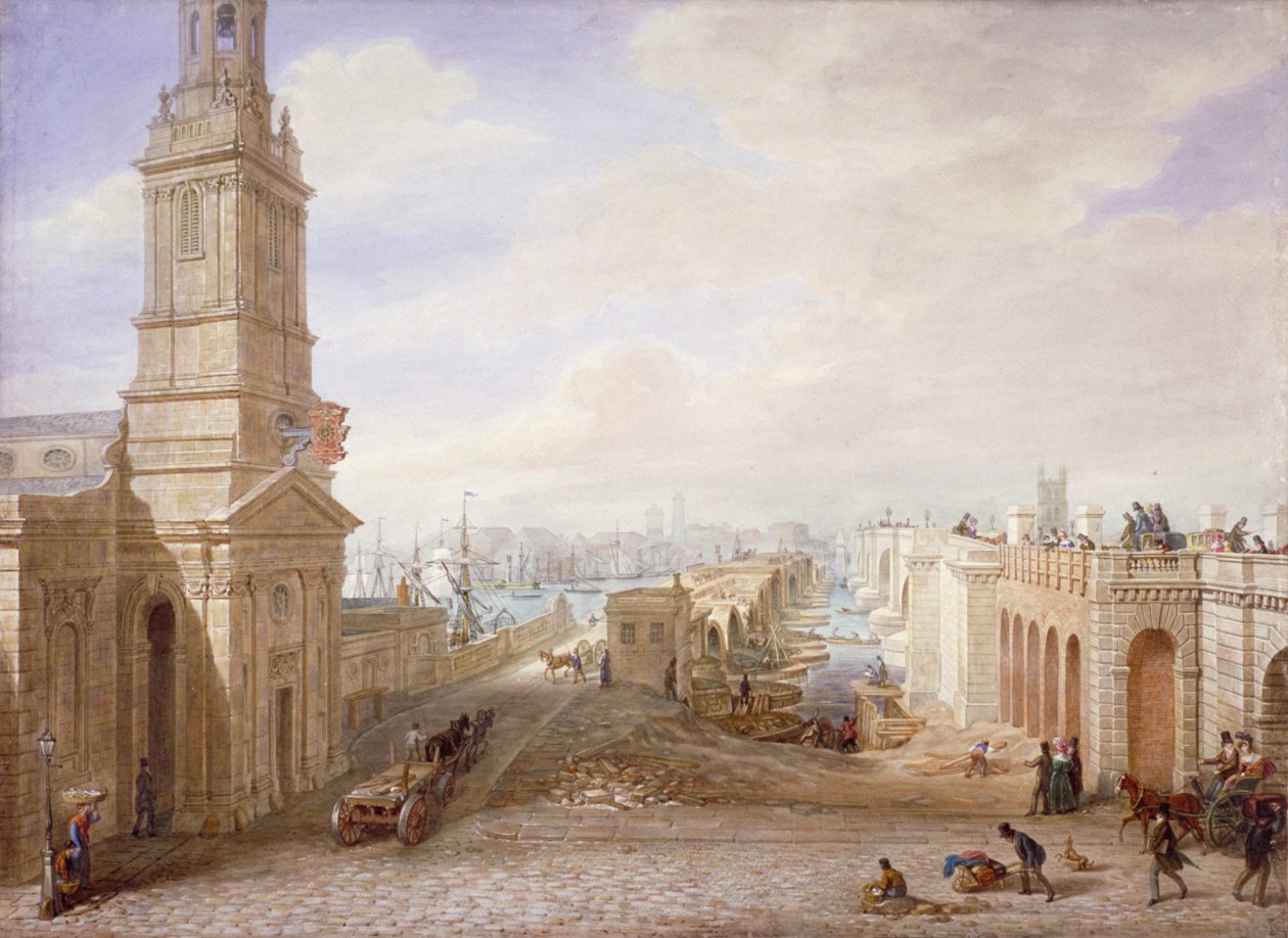 Gamla och nya London Bridges ser söderut, London, 1831. av George Scharf