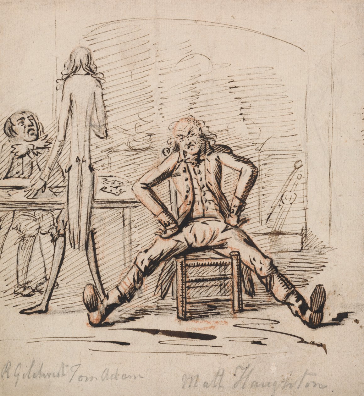 Tre män i ett rum: Gilchrist sitter vid ett bord, Tom Adam står, sedd bakifrån, och Matt Haughton sitter utspridda ben och armar Akimbo före en eld av George Shepheard