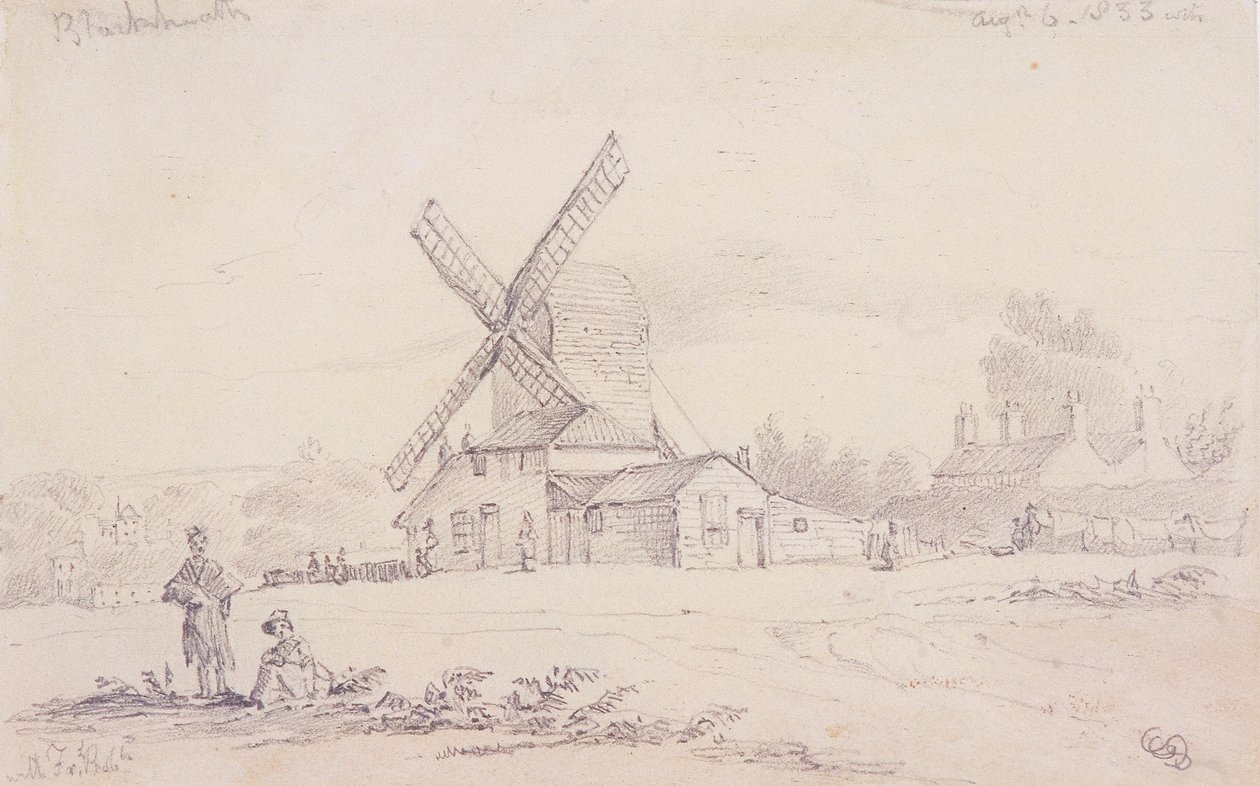 Vy över kvarn med en väderkvarn på Blackheath, Greenwich, London, 1833 av George Shepheard