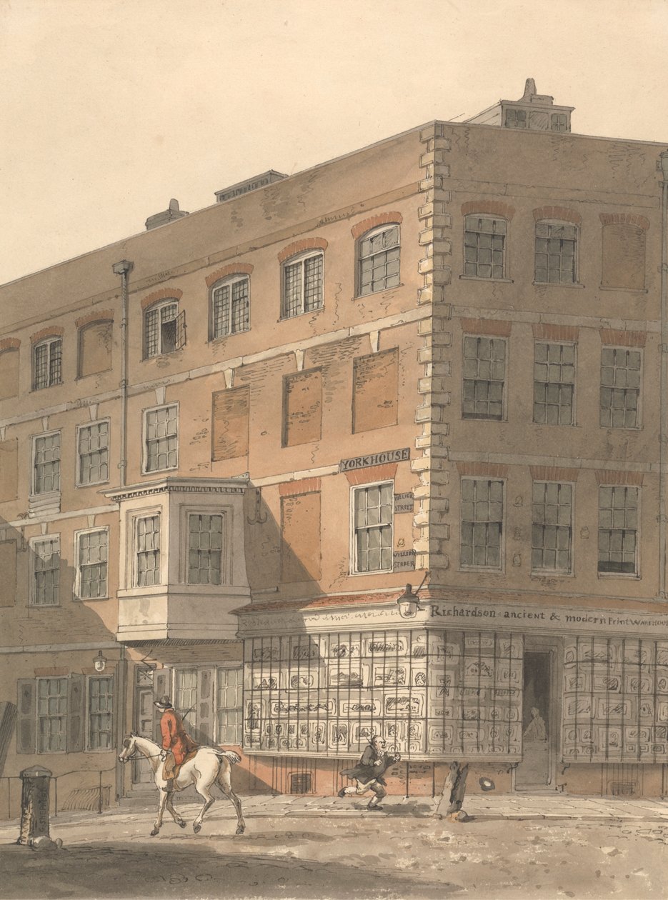 York House, hörnet av Villiers Street och Strand, med Richardsons forntida och moderna trycklager i förgrunden av George Shepheard