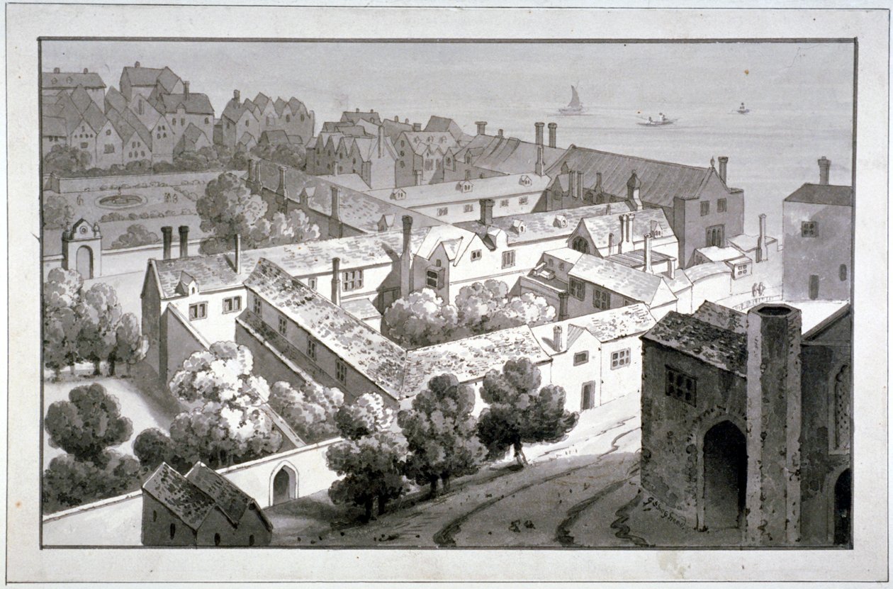 Fågelperspektiv av biskopen av Winchesters palats, Southwark, London, c1820. av George Shepherd