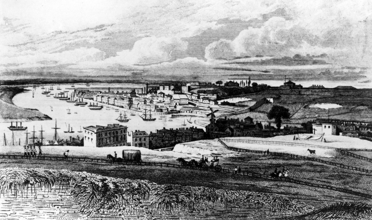 Chatham Dockyard från Port Pitt, graverad av R. Roffe, publicerad i Irlands 