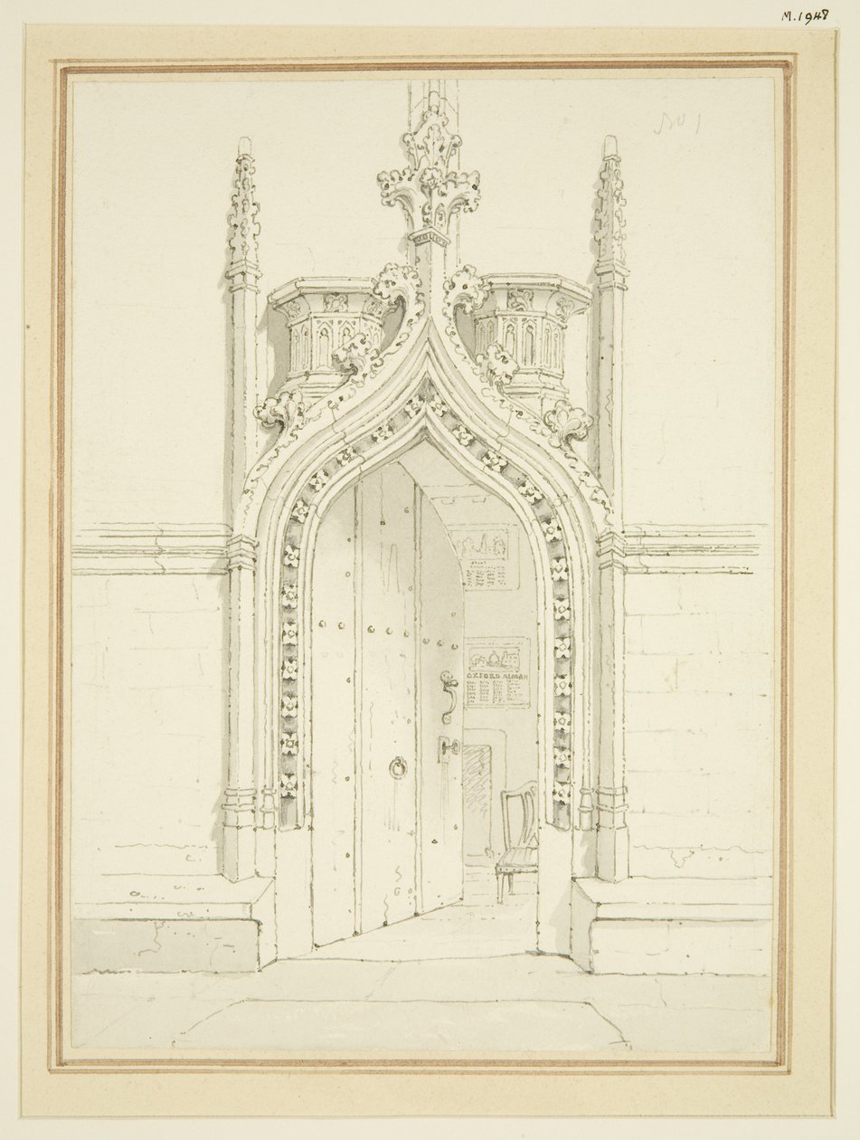 Dörröppningen till Vestry Room of St Mary Redcliffe, ca 1812 (penna och akvarell på papper) av George Shepherd