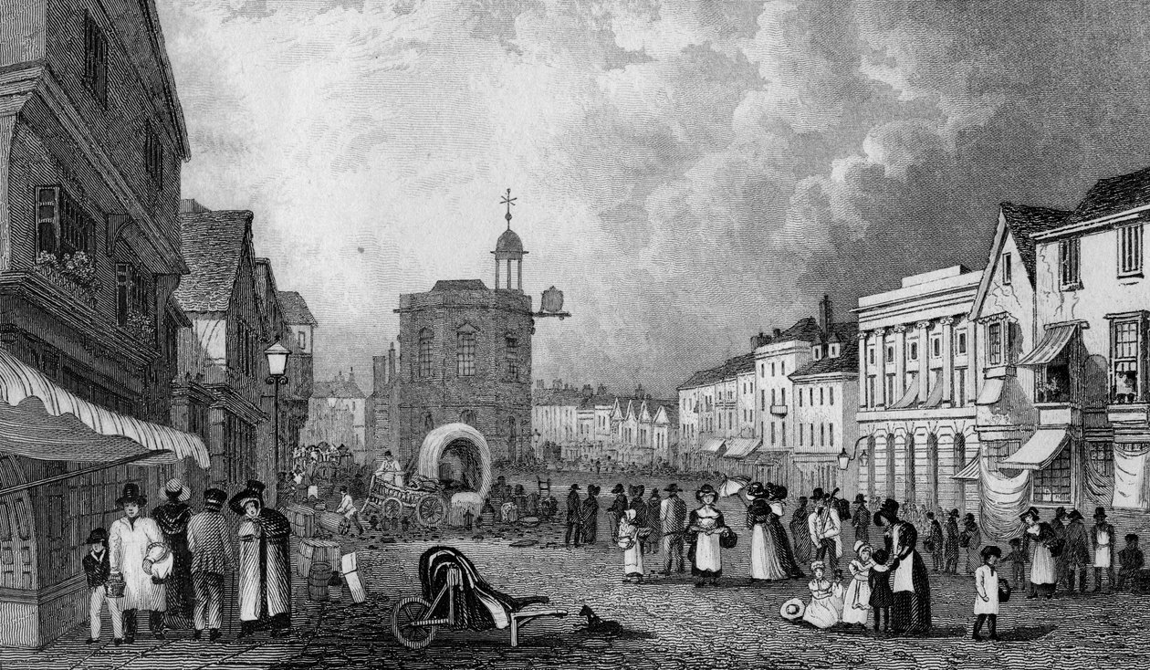 High Street, Maidstone, A Market Day, graverad av S. Lacey, publicerad 1832 av George Shepherd