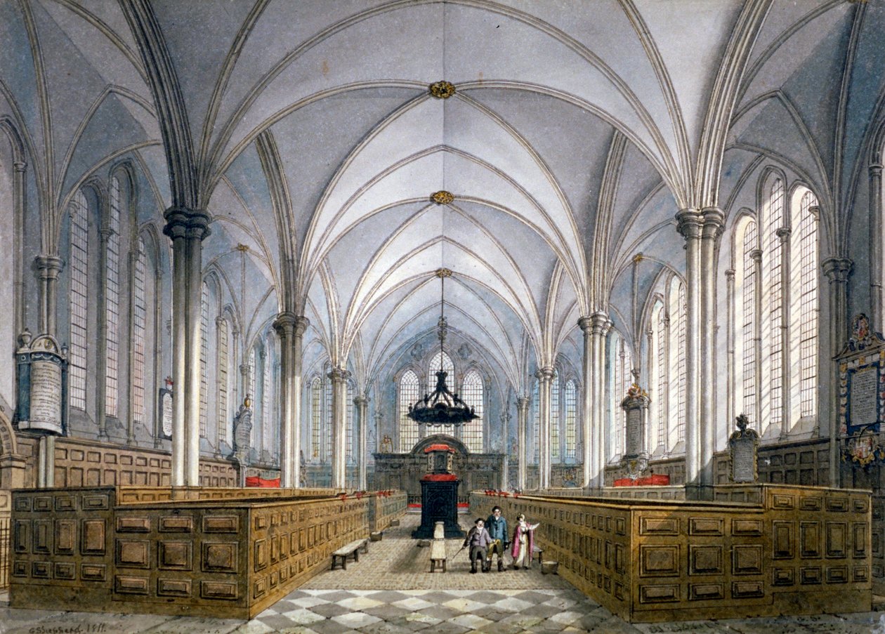 Interiörvy av Temple Church, London, 1811. av George Shepherd