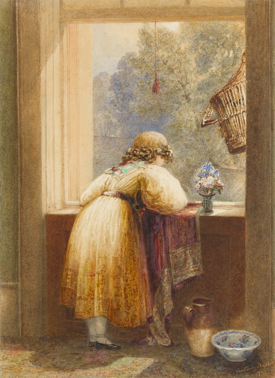 Tittar från ett fönster på övervåningen, 1832 (wc på papper) av George Shepherd