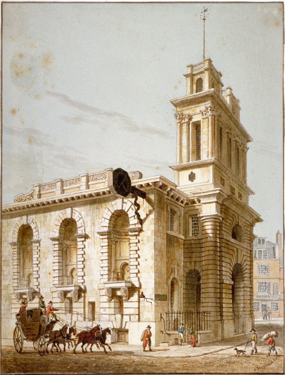 Nordvästlig utsikt över Church of St Mary Woolnoth, City of London, 1812 av George Shepherd