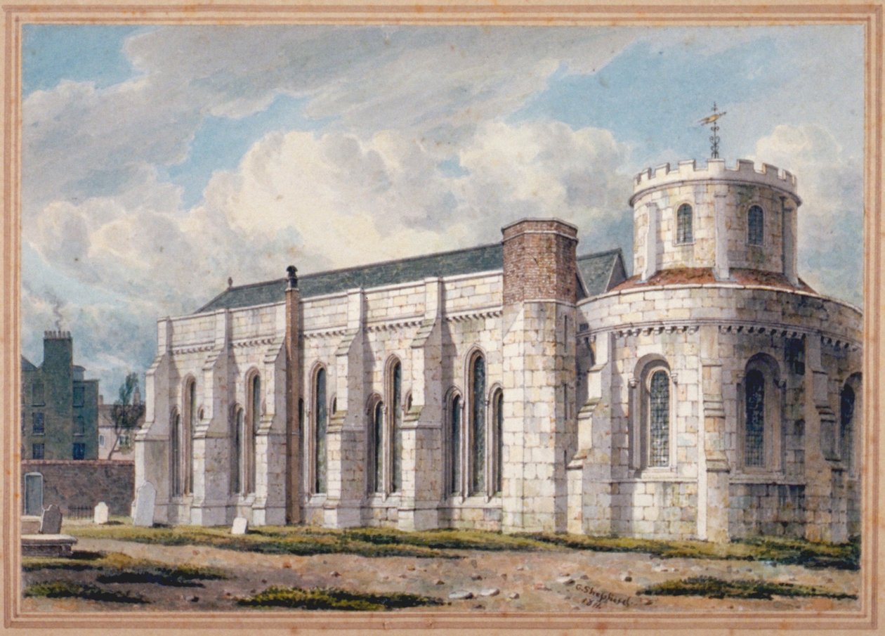 Utsikt över Temple Church från andra sidan kyrkogården, City of London, 1811 av George Shepherd