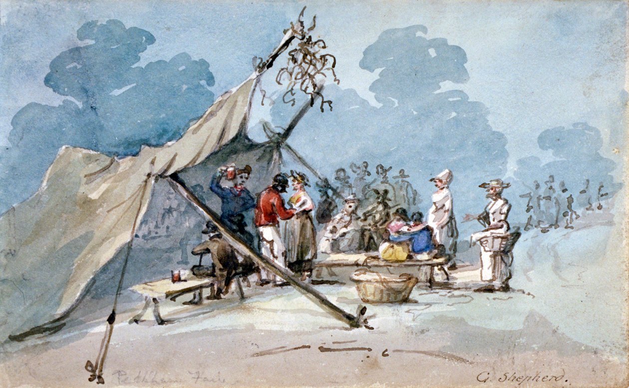 Vy över människor som deltar i Peckham Fair, London, c1820 av George Shepherd