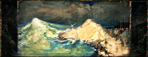 Baptism of Dylan, Son the Wave (akvarell med kroppsfärg & guldfärg på siden) av George Sheringham