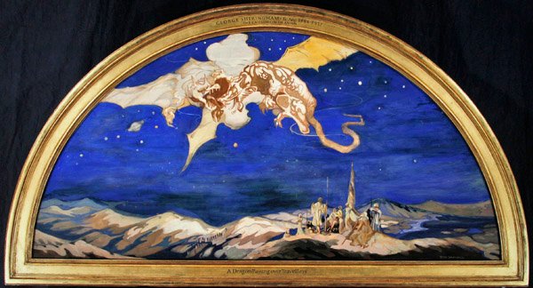 The Dragon Passing Over Travellers (akvarell med kroppsfärg & guld på siden) av George Sheringham