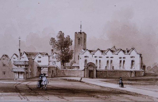Highgate School and Chapel, ca 1840 (tvättteckning i sepia bläck) av George Sidney Shepherd
