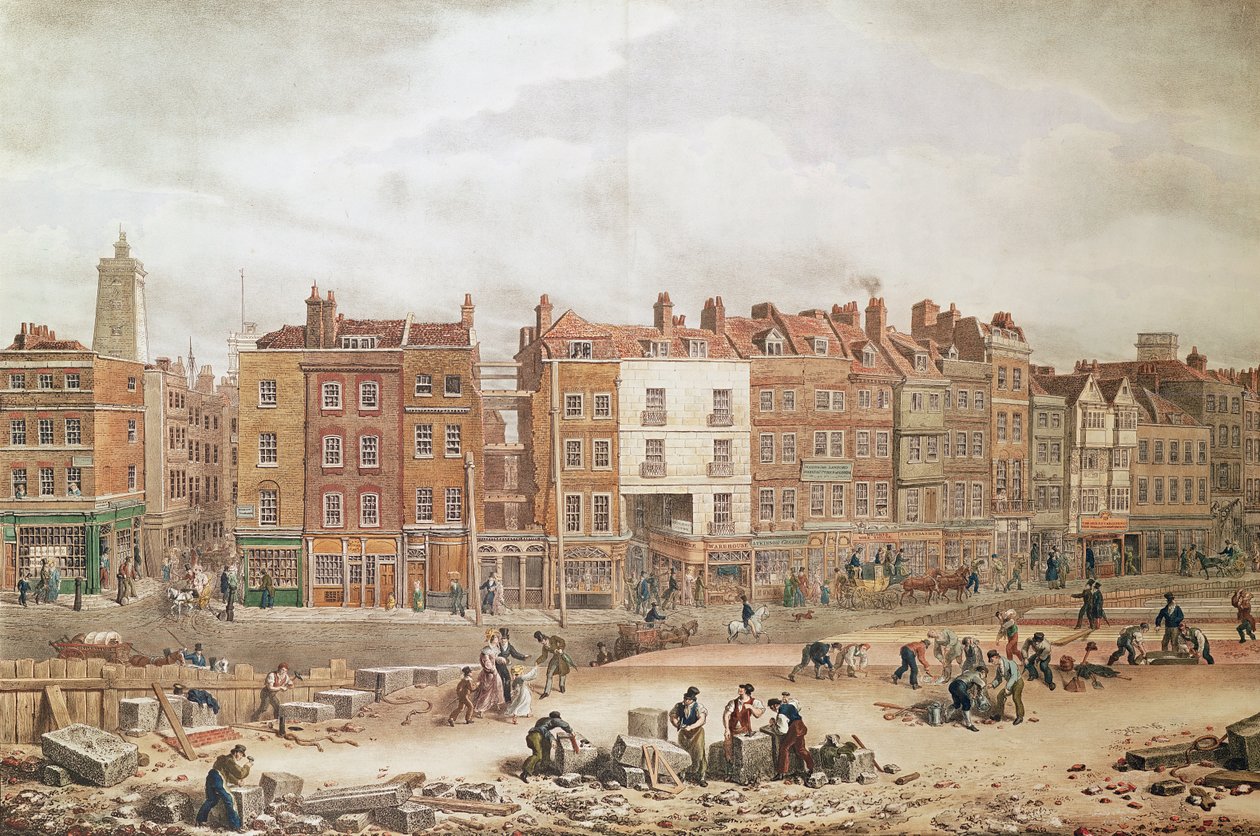 En vy av High Street Southwark som är den gamla vägen (färggravyr) av George Snr Scharf