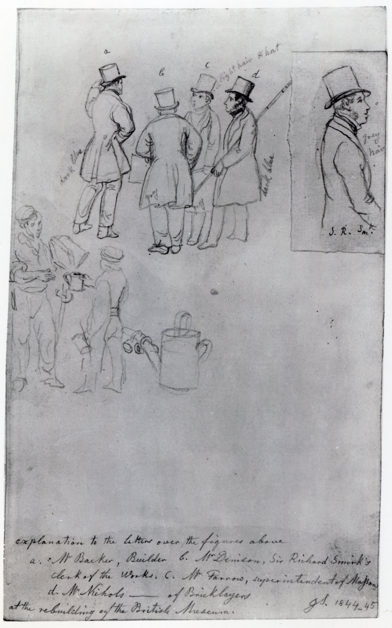 Byggare och lantmätare vid återuppbyggnaden av British Museum, 1844 (penna på papper) av George Snr Scharf