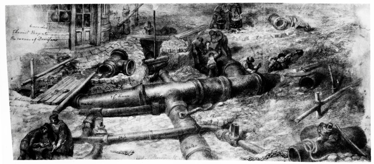 Building of Common Sewers on Holborn, 1845 (wc och grafit på papper) av George Snr Scharf