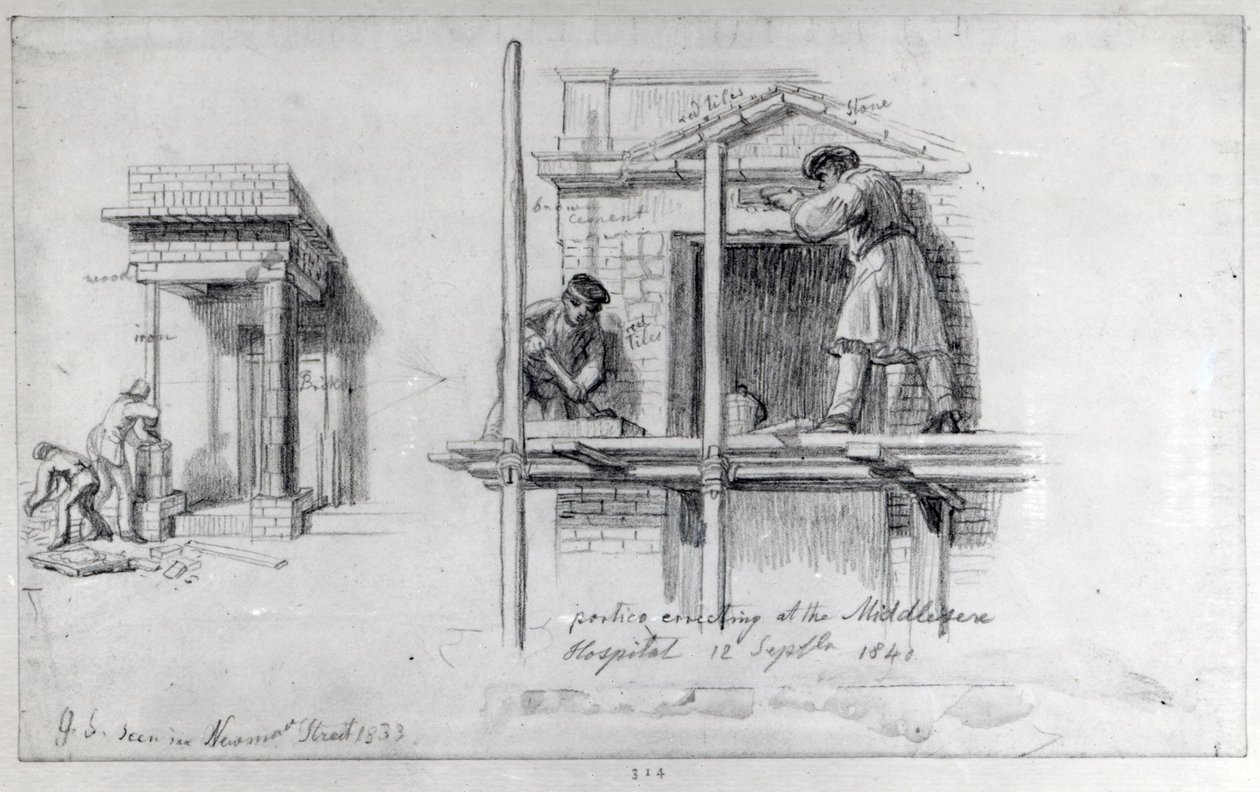 Uppförande av portiker vid Newham Street och Middlesex Hospital, London, 1833 och 1840 av George Snr Scharf