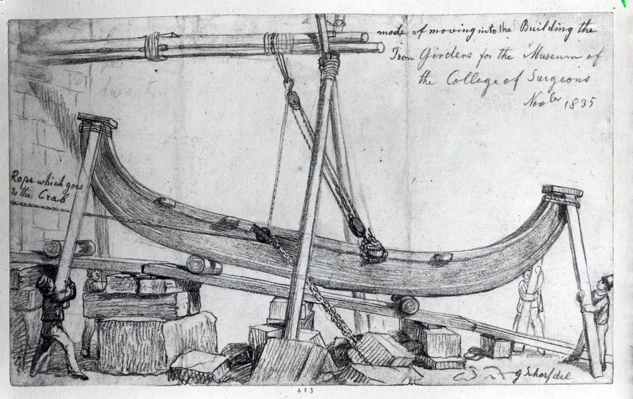 Moving the Iron Girders brugt til at bygge Hunterian Museum på Royal College of Surgeons, 1835 sverige av George Snr Scharf