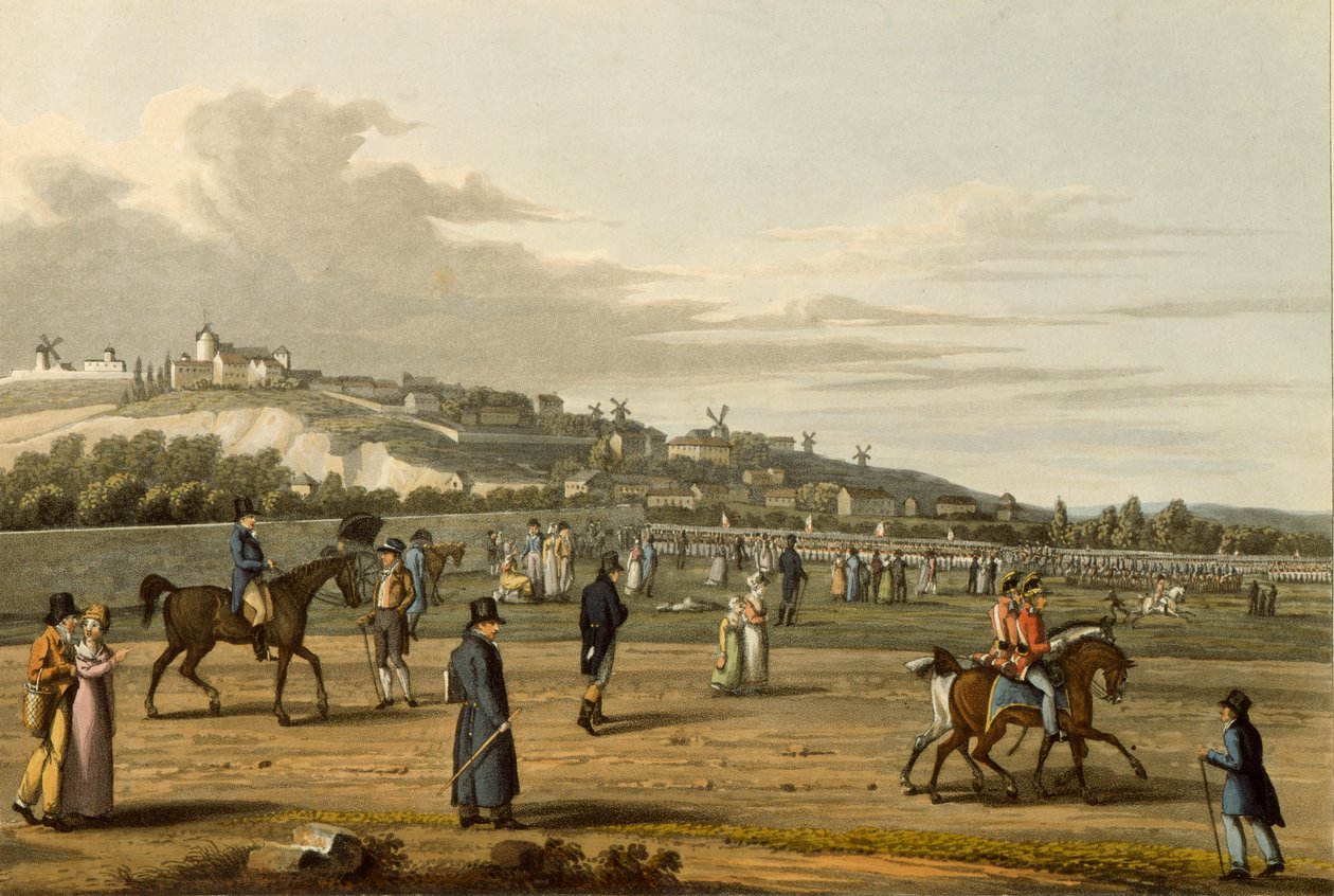 Recension av de engelska trupperna i Montmartre av hertigen av Wellington, 21 oktober 1815, graverad av M. Dubourg, 1817 av George Snr after Scharf