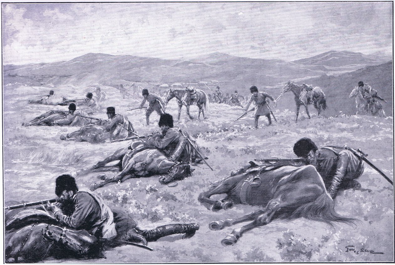 En kosack och hans häst: en anordning för att säkra skydd under en skärmytsling, illustration från Cassells History of the Russo-Japanese War Vol 1, c.1900 av George Soper