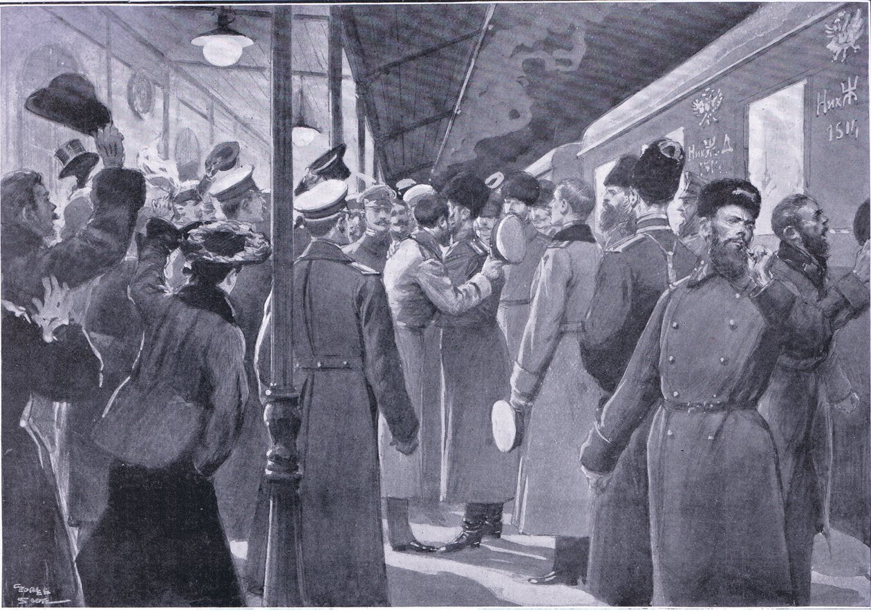 Tsaren tar farväl av officerarna från det kejserliga gardet, illustration från Cassells History of the Russian-Japanese War Vol 1, c.1900 av George Soper