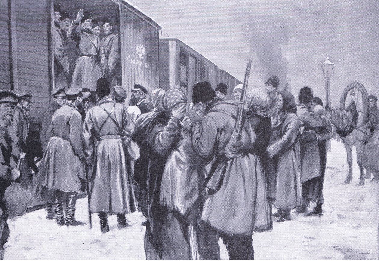 Ryska truppers avresa till Fjärran Östern, illustration från Cassells History of the Russian-Japanese War Vol 1, c.1900 av George Soper