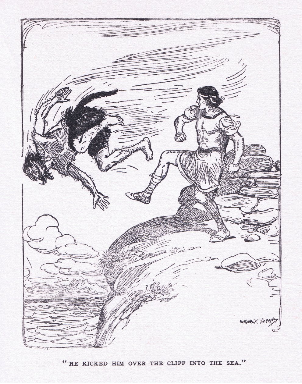 Han sparkade honom över klippan i havet, från The Heroes publicerad av George Allen och Unwin 1929 (färg litho) av George Soper
