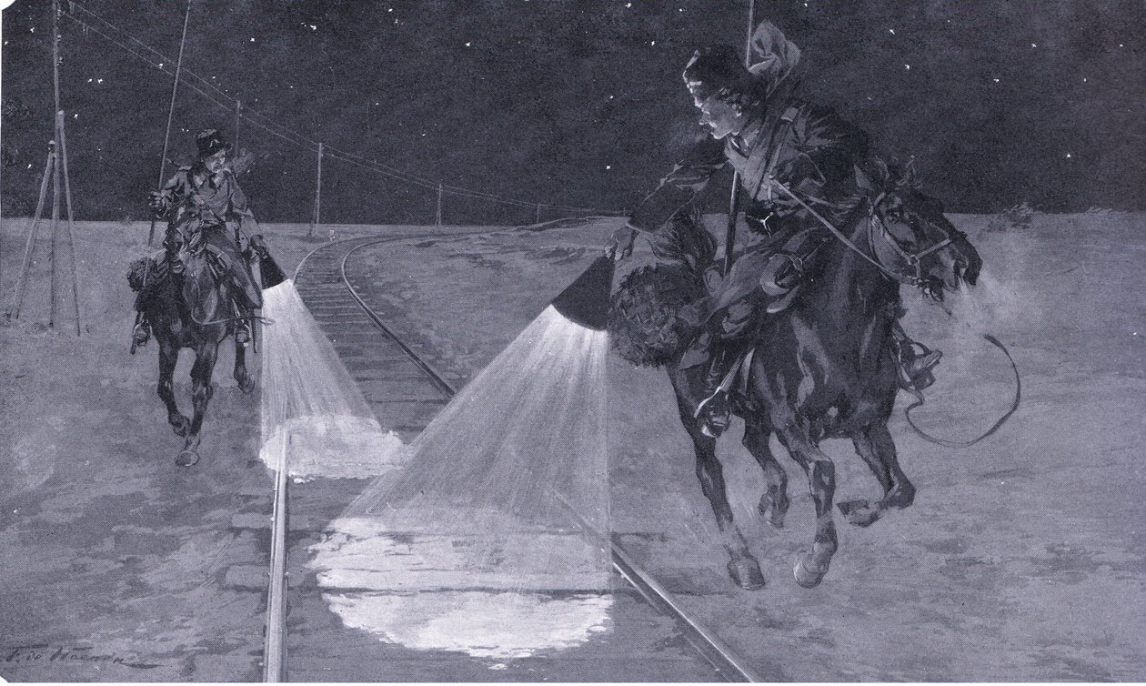 På en manchurisk järnväg: Nattpatrull, illustration från Cassells History of the Russian-Japanese War Vol 1, c.1900 av George Soper