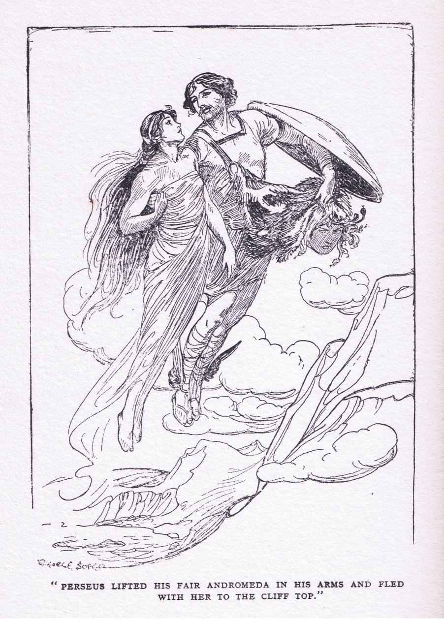 Perseus lyfte sin vackra Andromeda i sina armar och flydde med henne till klipptopparna, från hjältarna publicerade av George Allen och Unwin 1929 av George Soper