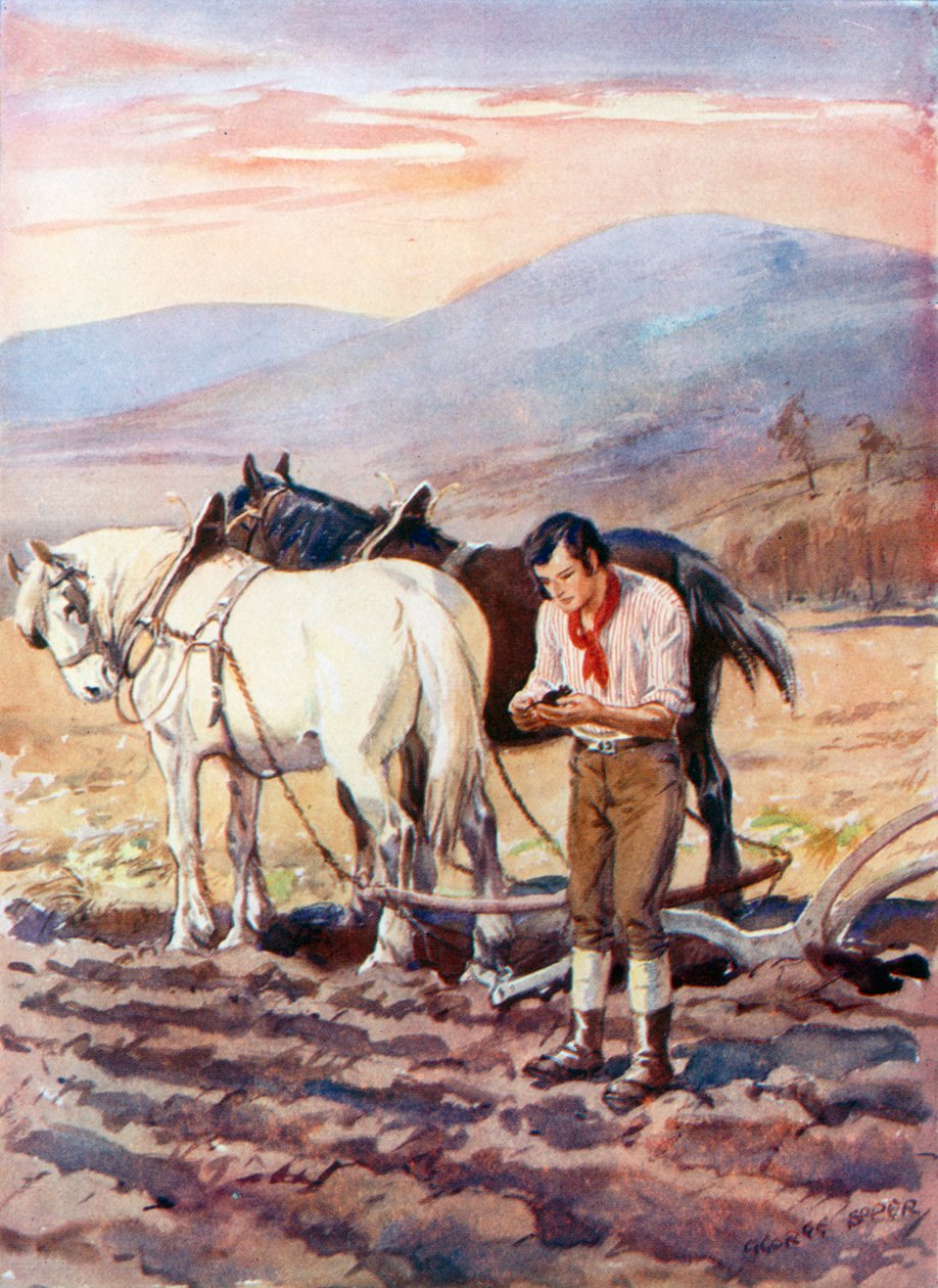 Robert Burns vid plogen (färglitografi) av George Soper