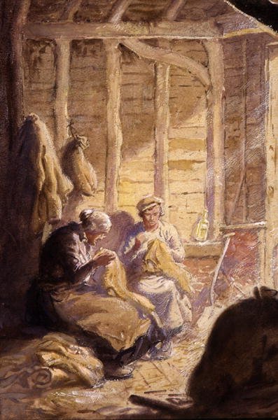 Sy säckar i ladan (akvarell på papper) av George Soper