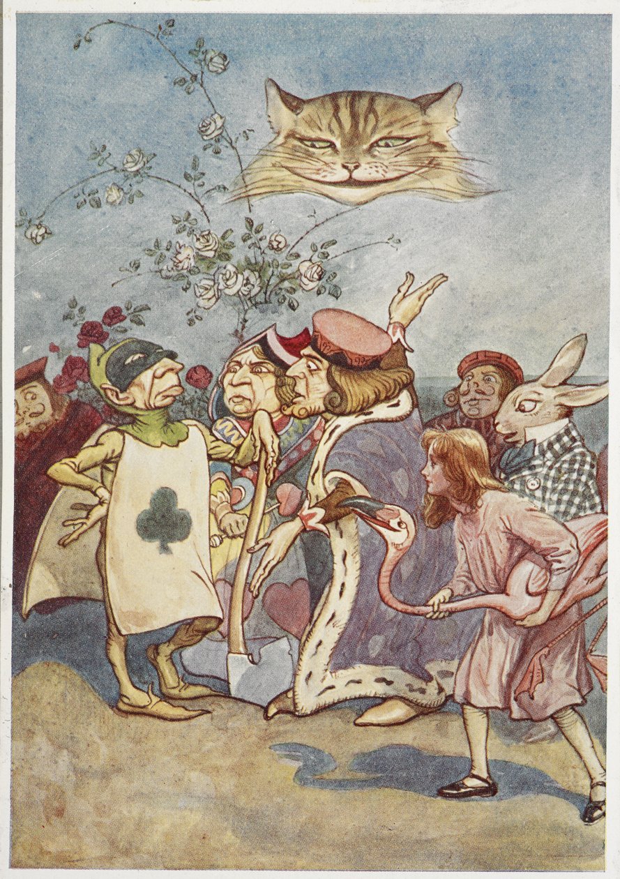 Cheshire-katten tittar på Alice och spelkortsbödeln tillsammans med andra av George Soper