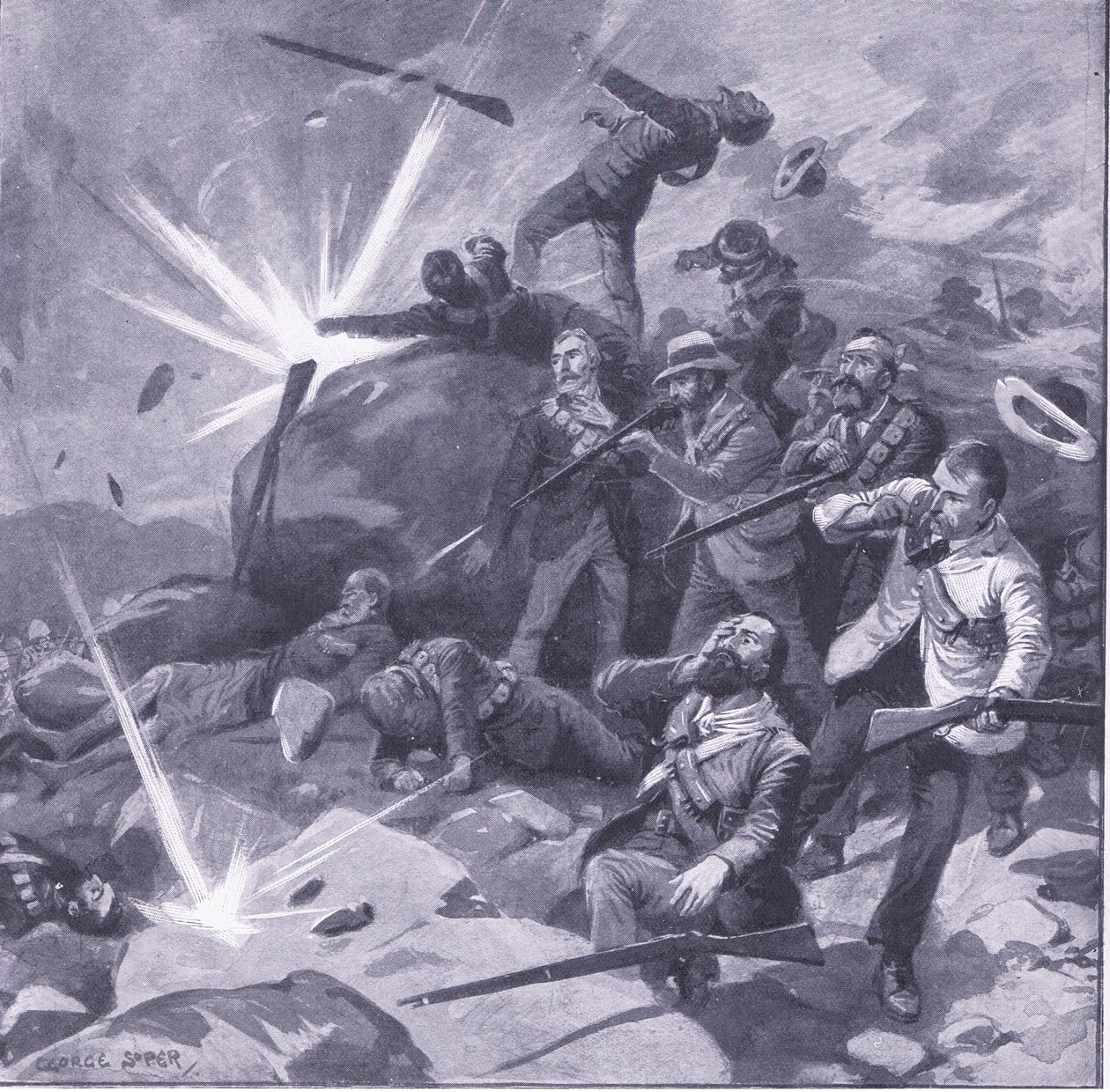 Johannesburgpolisens sista läktare i Bergendal, illustration från After Pretoria: The Guerilla War, 1902 av George Soper