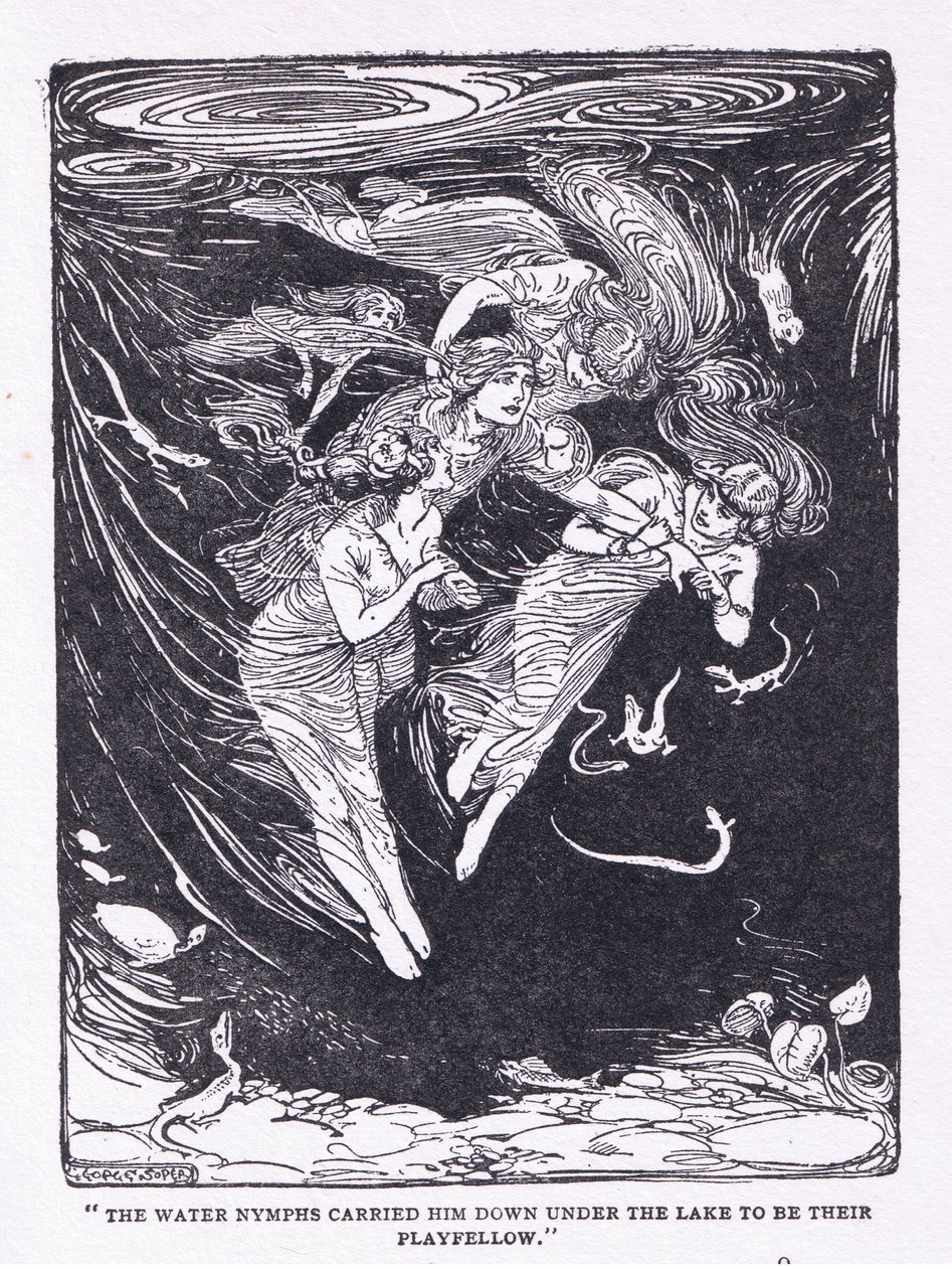 Vattennymferna bar honom nerför sjön till sin lekkamrat, från The Heroes publicerad av George Allen och Unwin 1929 (litho) av George Soper