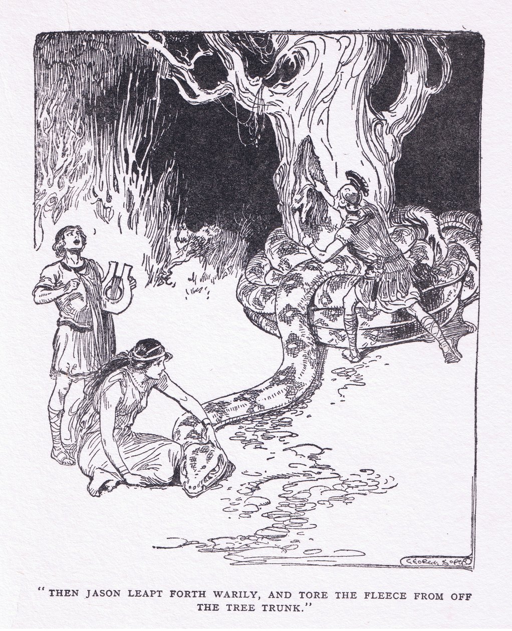 Sedan hoppade Jason trött fram och slet av fleece från trädstammen, från The Heroes publicerad av George Allen och Unwin 1929 (litho) av George Soper