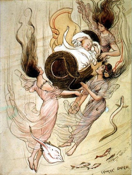 Tre sjöjungfrur och en baby (penna och bläck och akvarell) av George Soper