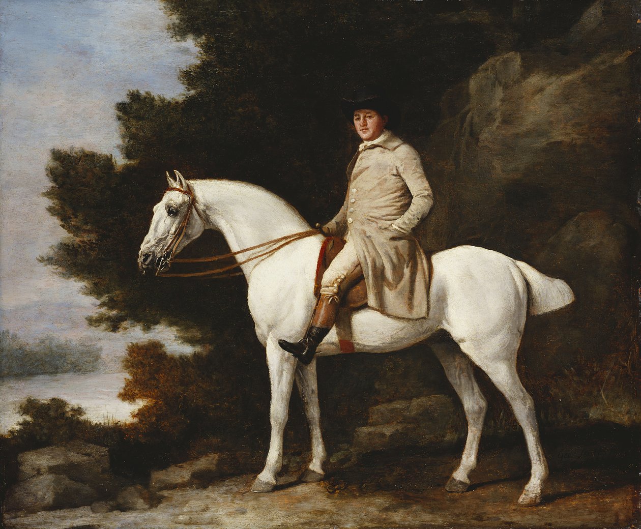 En gentleman på en grå häst i ett stenigt skogslandskap, 1781 av George Stubbs