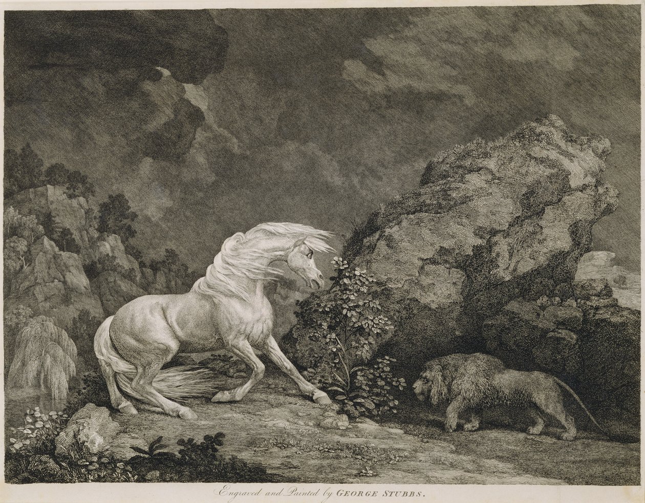 A Horse Frighted by a Lion, graverad av konstnären av George Stubbs
