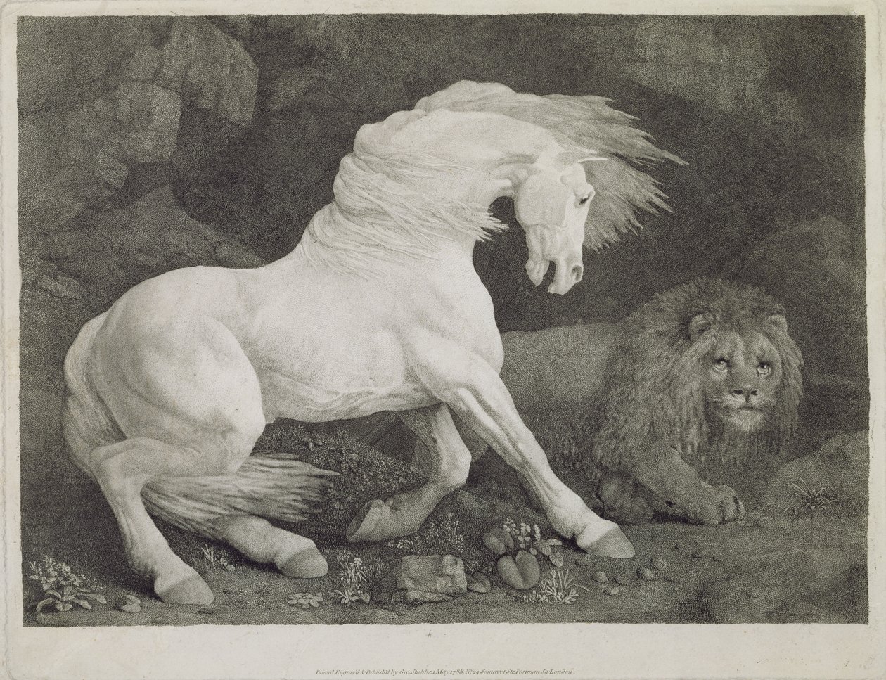 En häst skrämd av ett lejon, graverad av konstnären, pub. 1788 av George Stubbs