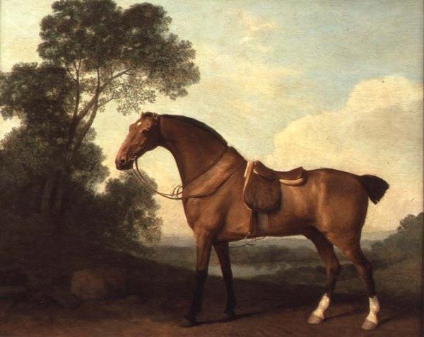 En sadlad Bay Hunter i ett landskap med en sjö bortom av George Stubbs