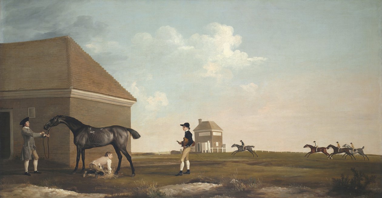 Gimcrack på Newmarket Heath, med en tränare, en stallkille och en jockey, 1765 av George Stubbs