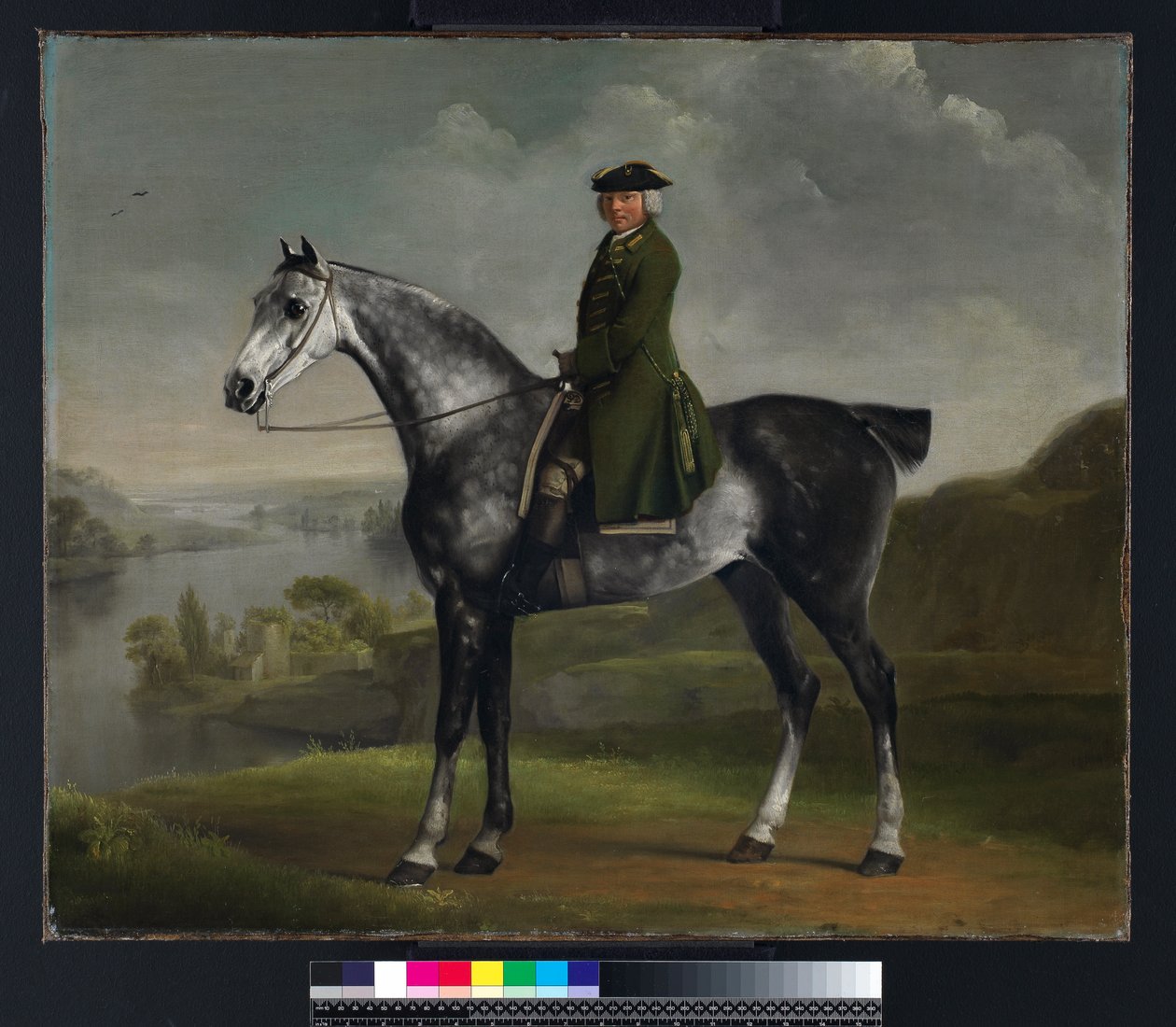 Joseph Smyth Esquire, löjtnant i Whittlebury Forest, Northamptonshire, på en Dapple Grey Horse, ca 1762-64 av George Stubbs