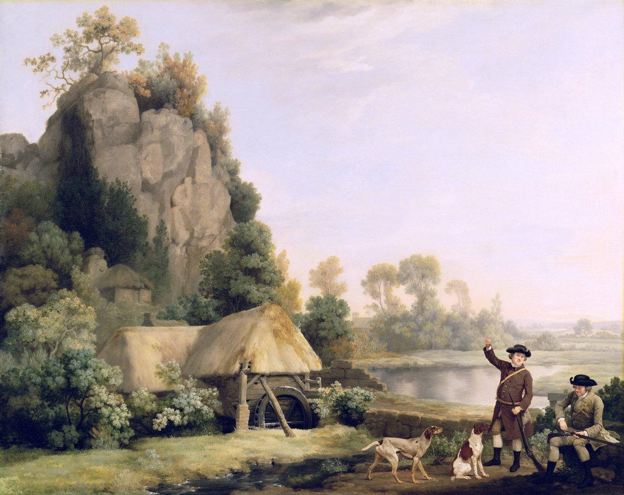 Two Gentlemen Going a Shooting, with a view of Creswell Crags, Taken on the Spot (olja på duk) av George Stubbs