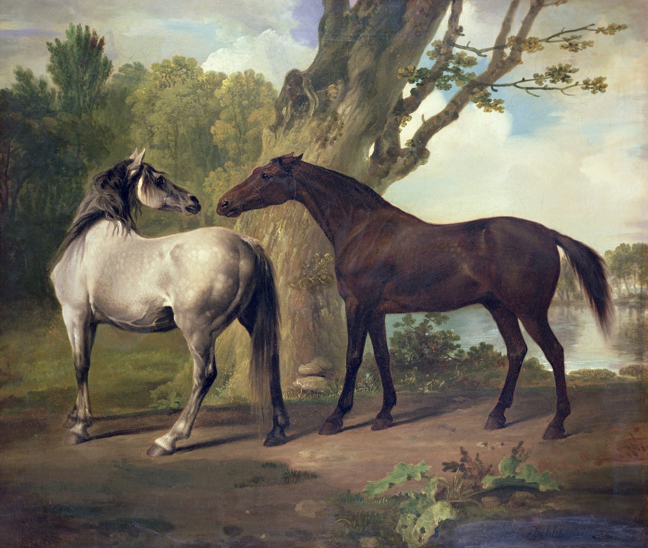 Två hästar i ett landskap av George Stubbs