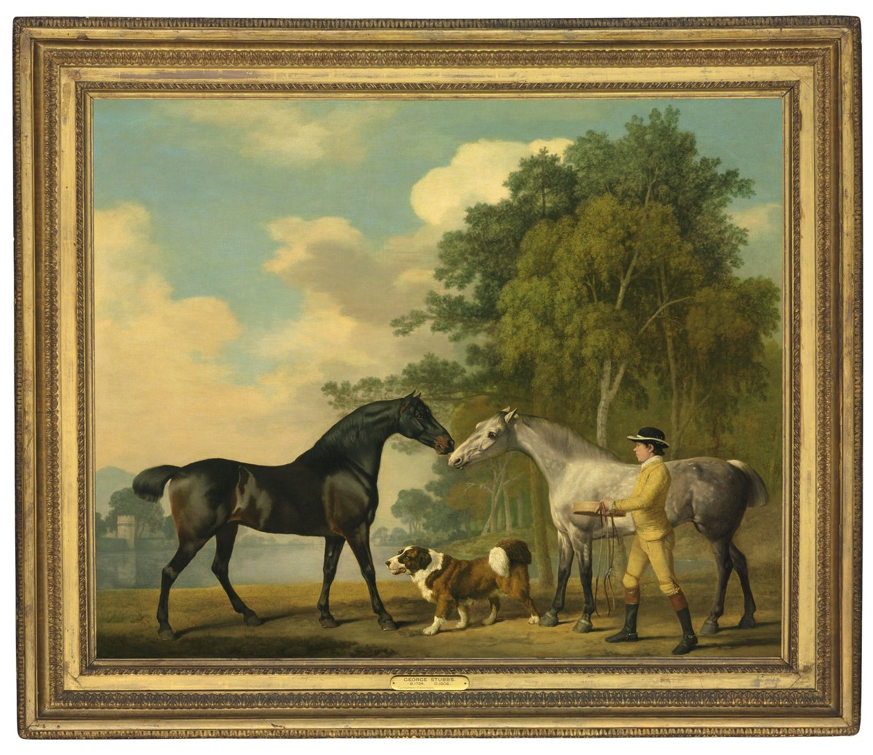 Två jägare med en ung brudgum och en hund vid en sjö, 1778 av George Stubbs